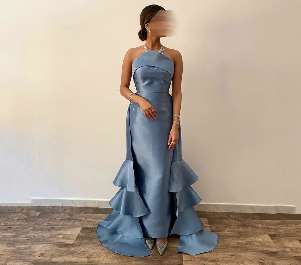 

Off-Shoulder Satin Layered Prom Gowns Sleeveless Formal Occasion Dresses Party Dresses Mermaid Sweep Train Blue Evening Dress