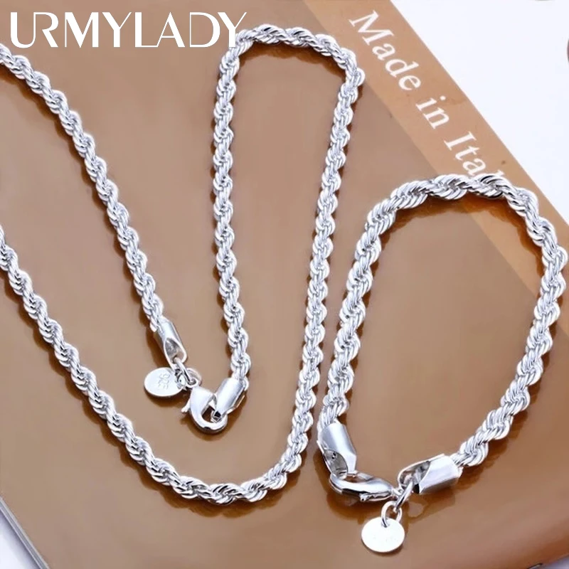 Jewelry Set Silver Jewelry Silver Jewelry Set URMYLADY 925 sterling silver 4MM women men chain male twisted rope necklace bracelets fashion Silver jewelry Set