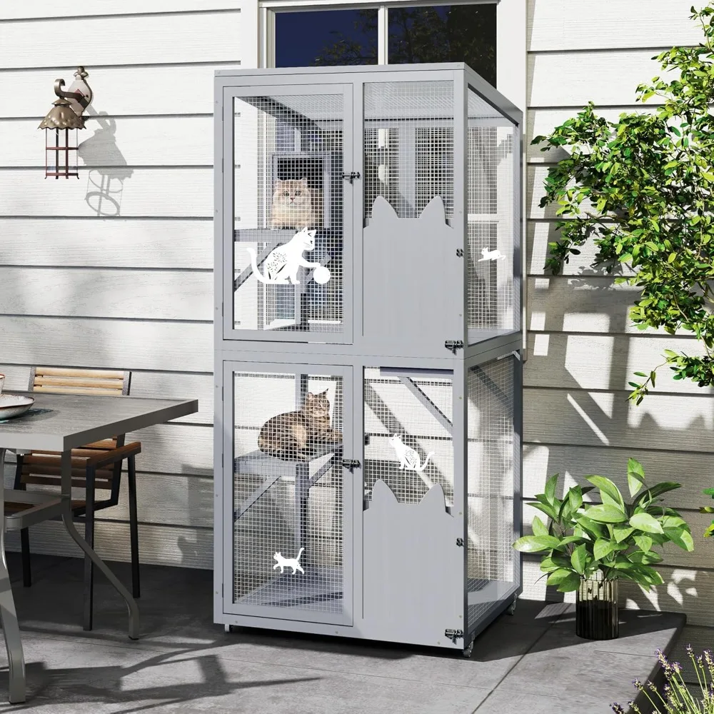 Outdoor Cat Enclosure Window Access, Outdoor Cat House with Wheels, Cage for Cats Indoor