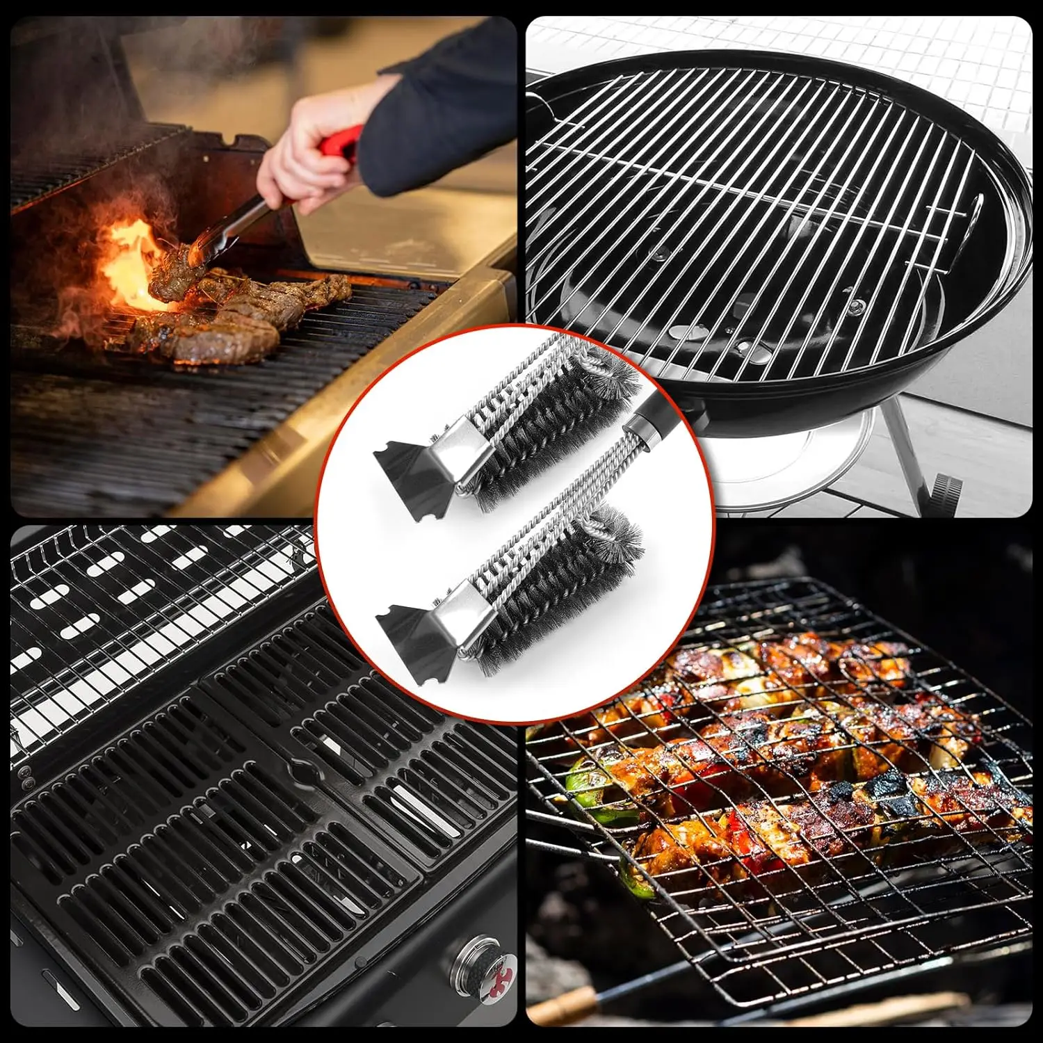 Grill Brush with Scraper BBQ Cleaner Brush Stainless Steel Bristles and Safe Long Handle Cleaning Tool for All Grill Press