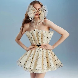 Strapless Beige Mini Party Dress With Dots Ruffled Sexy Woman Clothes Custom Made Chiffon Cocktail  Dresses Plus Size