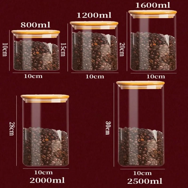Square Glass Storage Jars with Bamboo Lid for Coffee Beans Grains Noodles food Storage Containers Kitchen Organizers