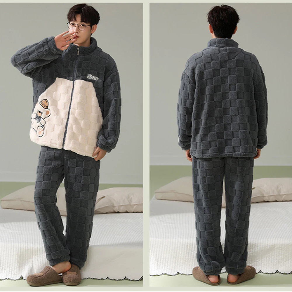 Cartoon Bear Sleepwear Men's Winter Pajamas Set Zipper Stand-up Collar Thicken Flannel Warm Pajamas for Couples Women Pijamas