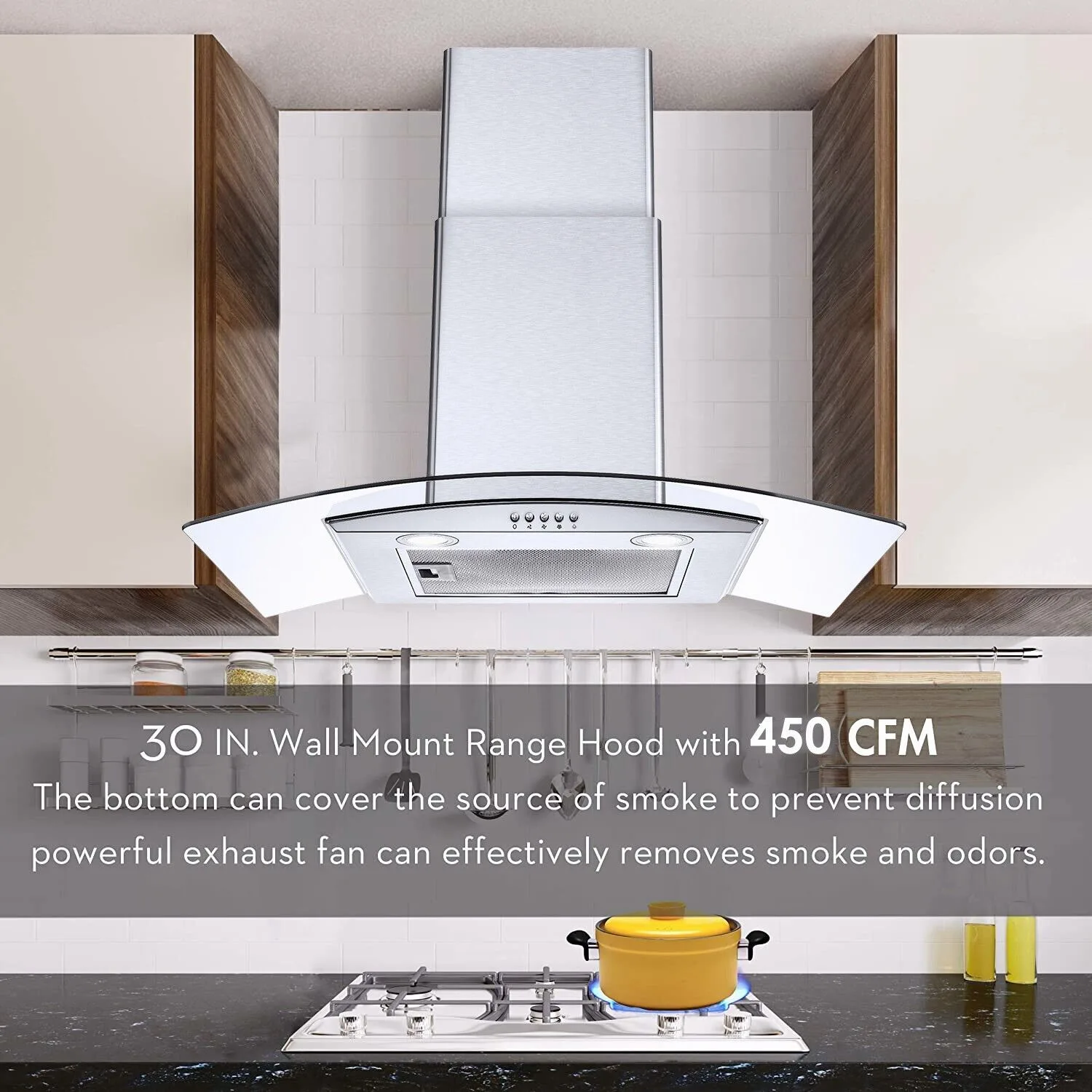 Tieasy 30 inch 450CFM Kitchen Wall Mount Tempered Glass Vented 3-Speed Fan Range Hood USGD3375A 4