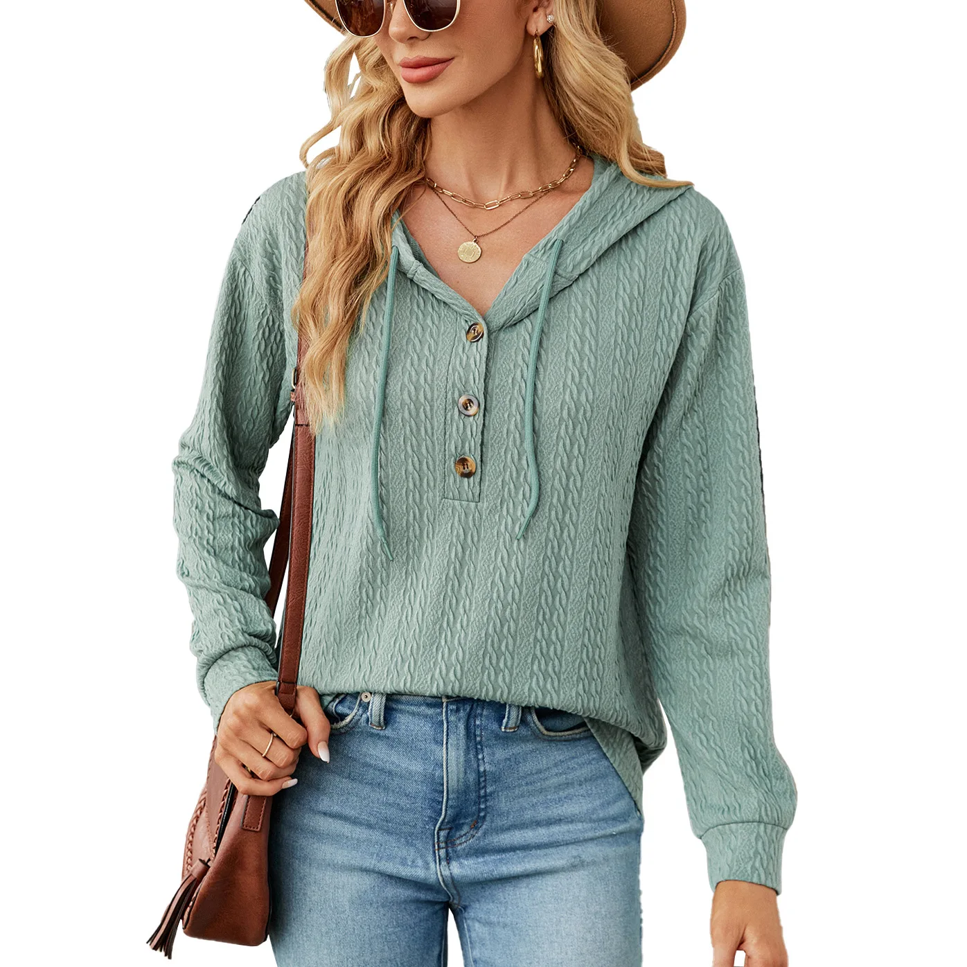 Autumn and Winter New Solid Color Hooded Button Loose Long Sleeved Hoodie for Women