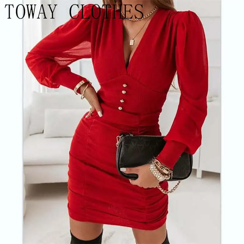 

Dress For Women Long Sleeve Contrast Sheer Mesh Puff Sleeve Ruched Bodycon Dress