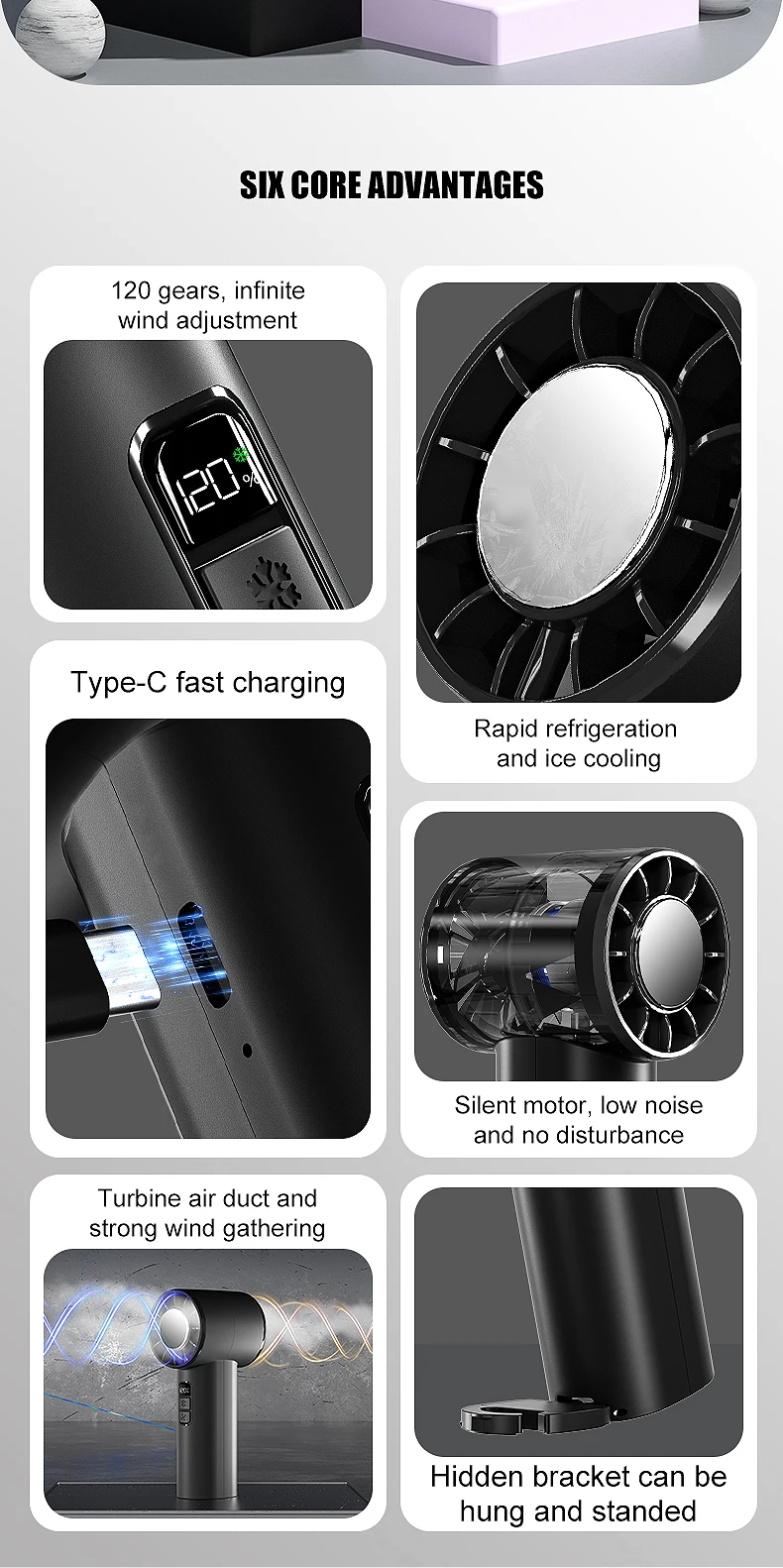 Description Picture 3 of item2025 New Portable Refrigeration Small Air conditioner 100 Wind High-speed Mini Handheld Fan USB Rechargeable Outdoor Turbo Fan