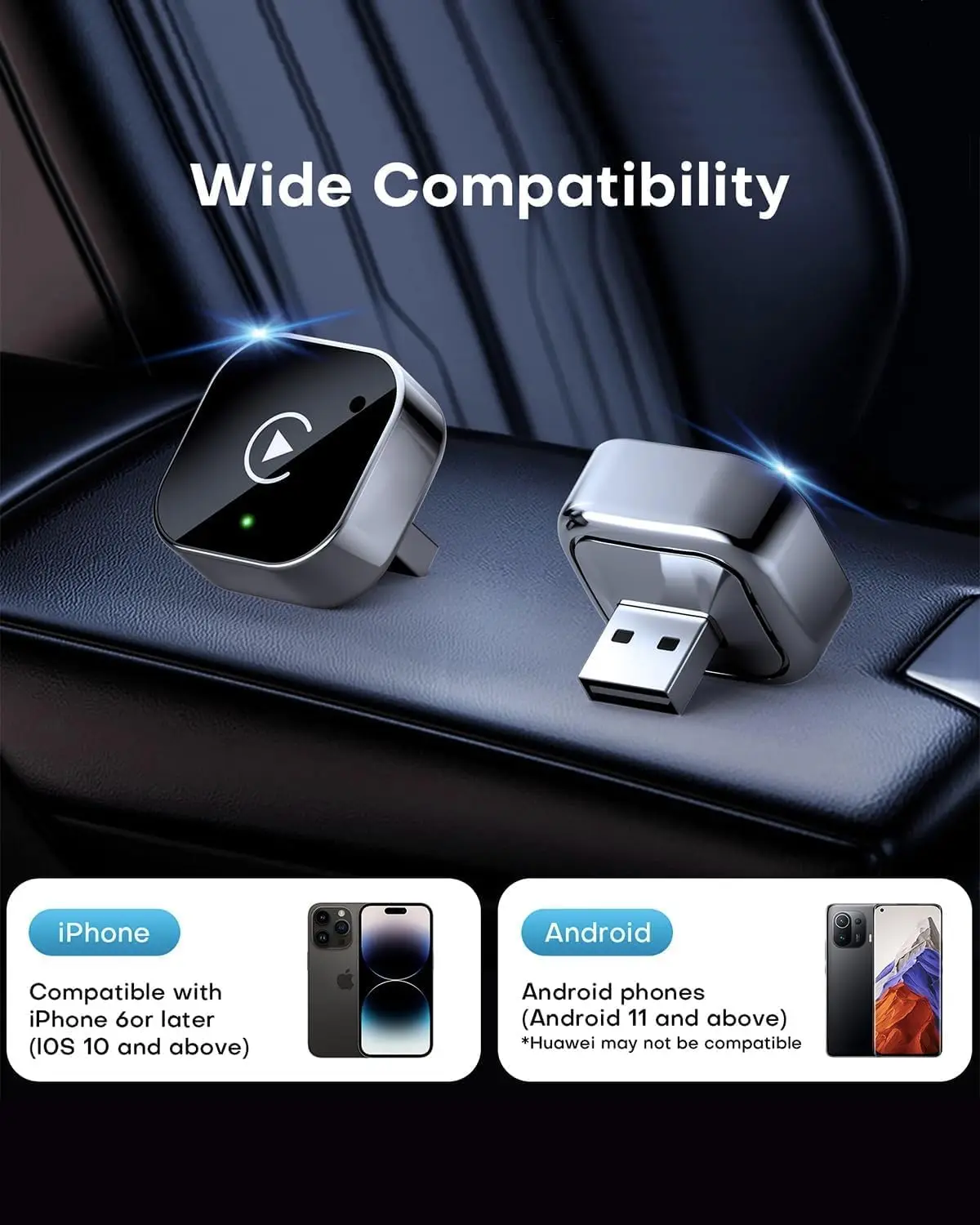 Wireless CarPlay & Android Auto Dongle Fast Auto-Connect Compact Plug & Play for iPhone Android, USB A/USB-C No Delay