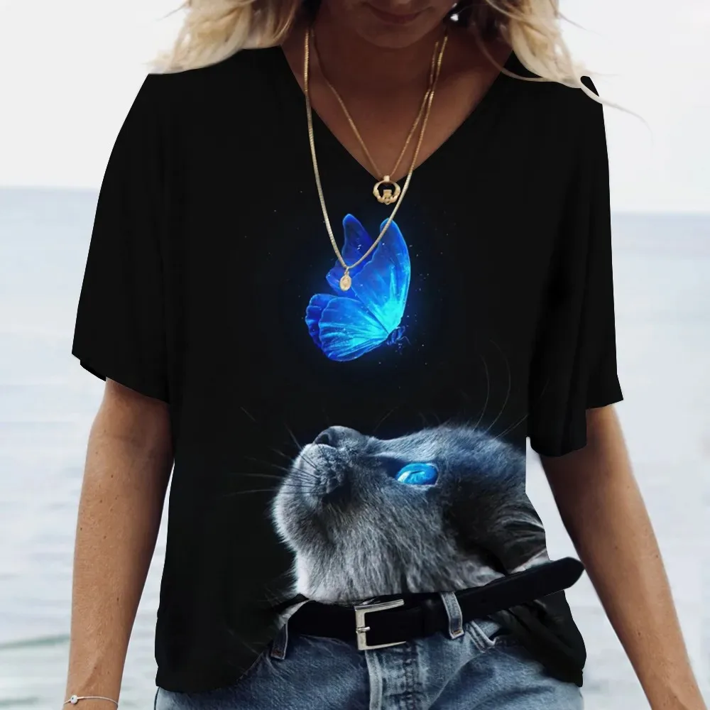 Fashion Women's T-shirt Cat Printed Short Sleeve Female Harajuku Tees Ladies T Shirt Oversized V-neck Tops Animal Women Clothing 2