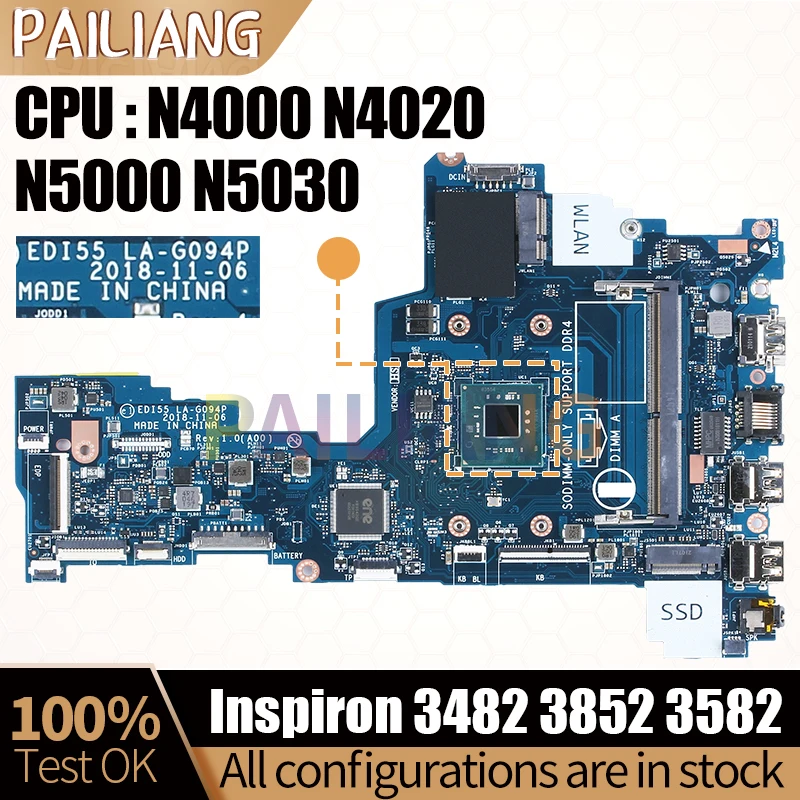 Placa-mãe para Dell 3482 3852 3582 Laptop La-g094p 06p8x8 0887w5 N4000 N4020 N5000 N5030 Testado Completamente