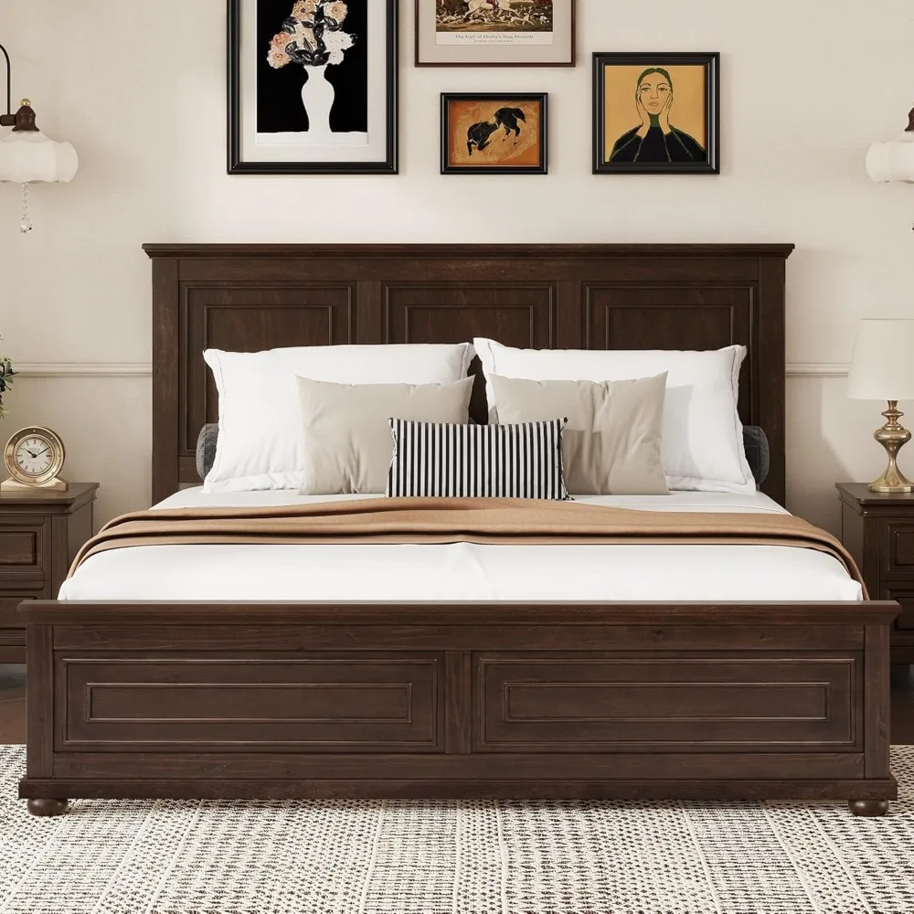 King Size Platform Bed with Tall Headboard & Footboard, Pinewood King Bed Frame with Wood Panel 1