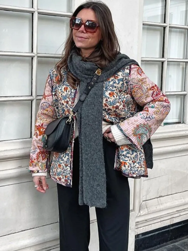 

Women Contrast Patchwork Loose Coat Female Vintage Casual Printed Long Sleeve Cotton Jackets 2023 Autumn Lady Vacation Outwear