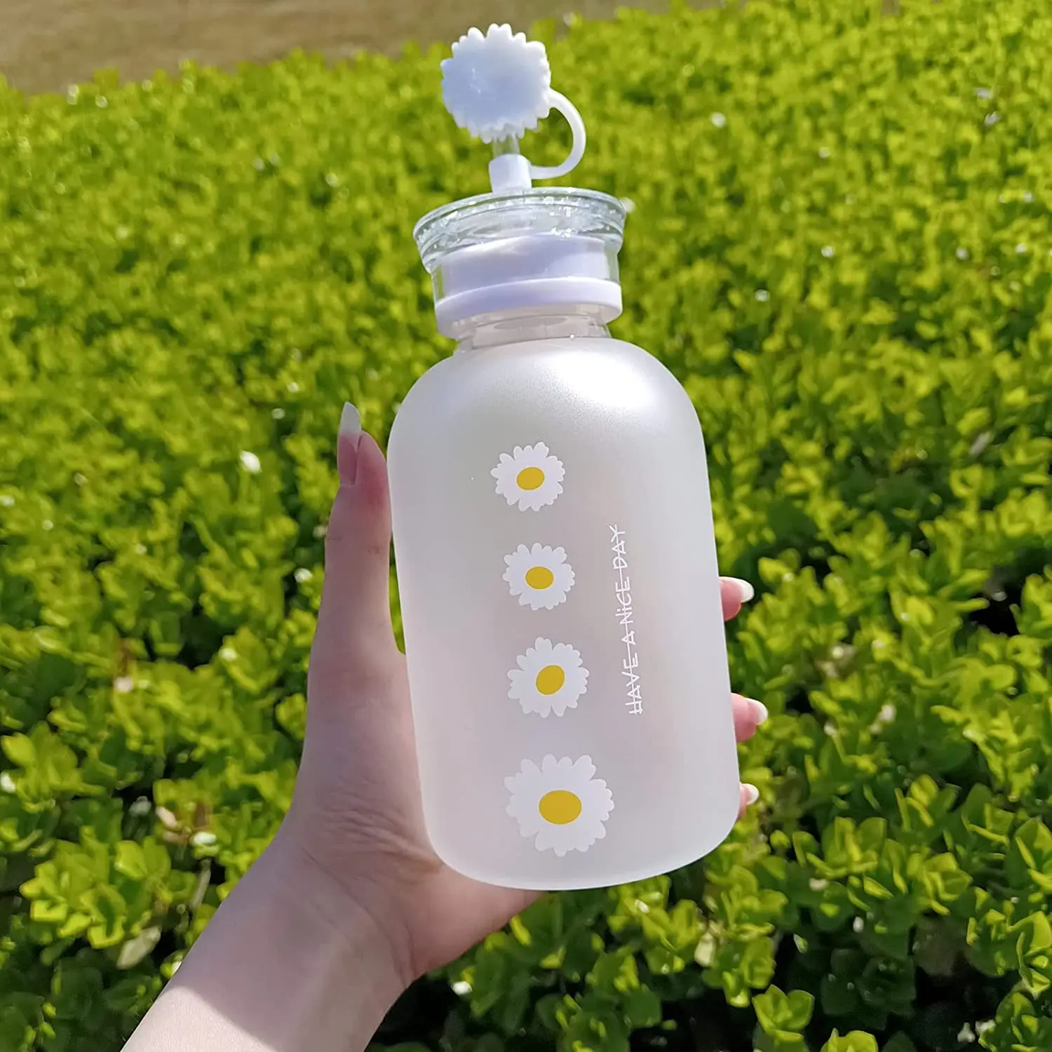 Cute Water Bottles Aesthetic Cute Water Bottles for Women Portable Kawaii  Little Daisy Frosted Glass Water Bottle with Straw Lid