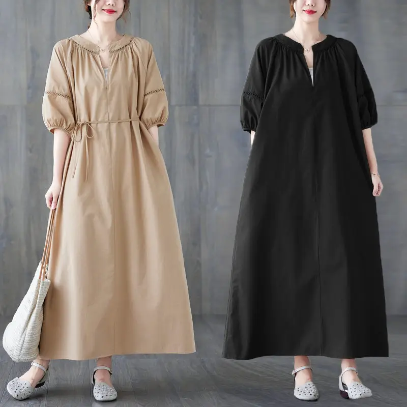 

Simple Loose Large Size Lantern Sleeve Dress 2023 Spring Summer O-Neck Solid Color Casual Long Dress Women Clothing Z348