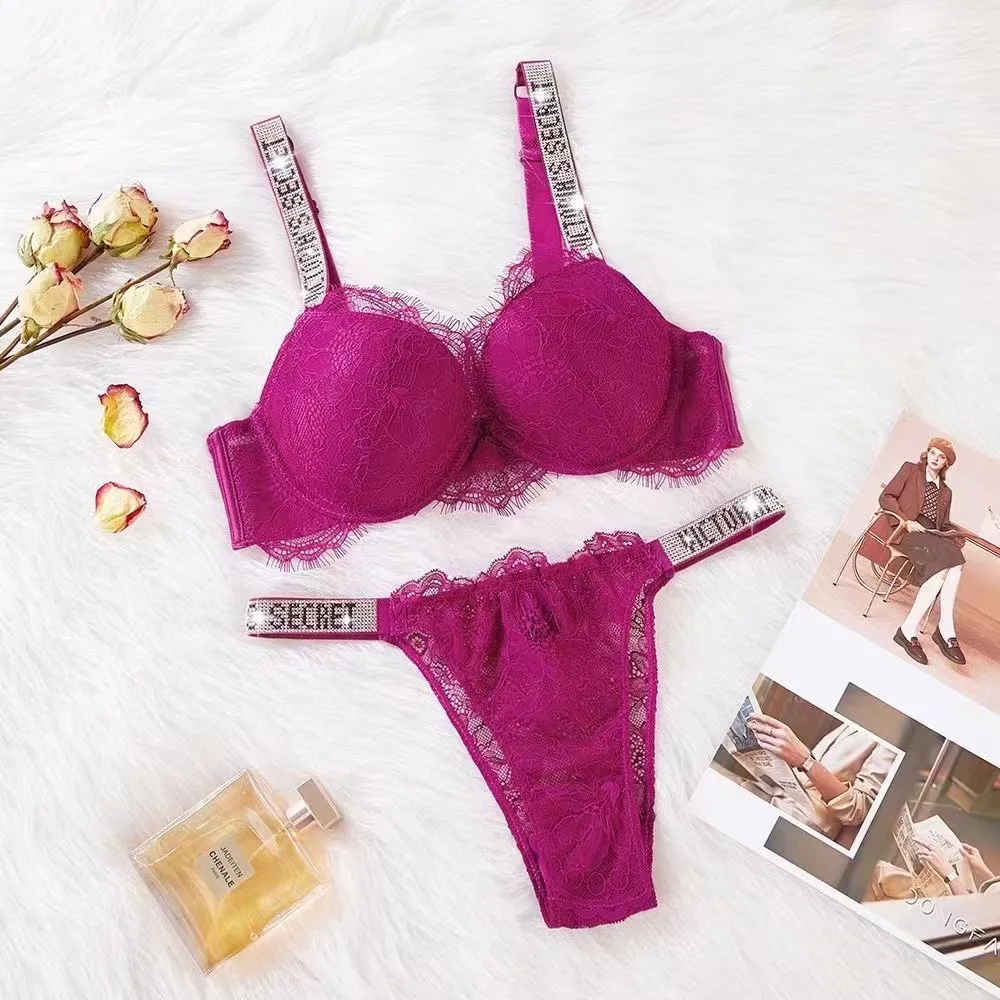 1 Set Lace & Mesh Lingerie Set, Mesh Embroidered Intimates Bra & Low Cut Bikini Panties For Valentine's Day, Women's Linger