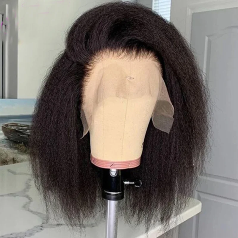Soft Yaki Preplucked Side/Middle Part Black Color Short 16Inch 180Density Kinky Straight 13x4 Lace Front Wig Synthetic