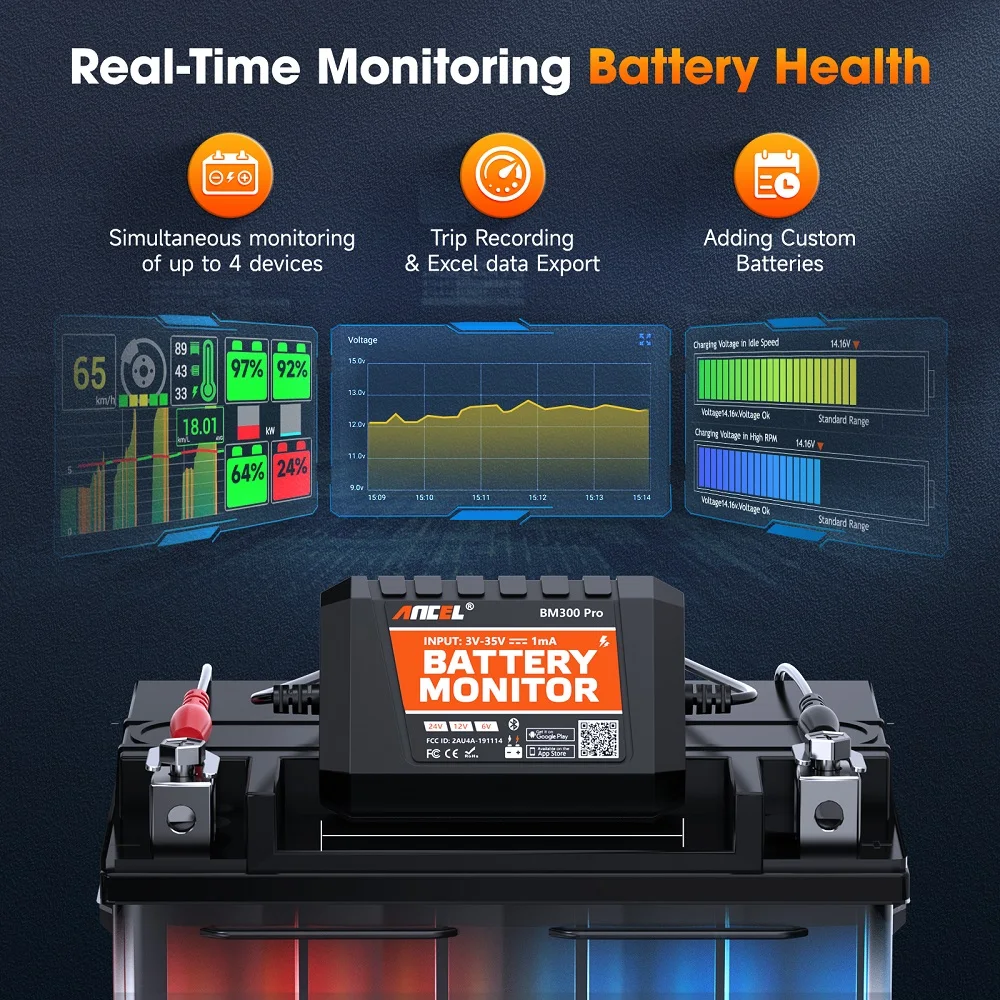 ANCEL BM300 PRO Bluetooth 5.3 Batterietester 6V/12V/24V Auto LKW Motorrad Monitor Lade Anlassen System Test mit Alarm – Detail 4