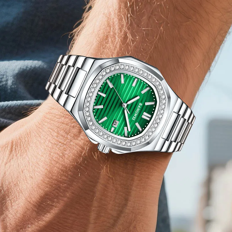 BANGWEI Square Quartz Watches For Men Silver Stainless Steel Waterproof Luminous Men Watch Casual Business Sport Date Watch Men