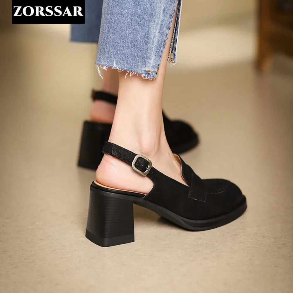 Women Chunky High Heels Pumps Female Summer Sandals Suede Slingbacks Shoes Woman Luxury Retro Design Ankle Straps Party Shoe