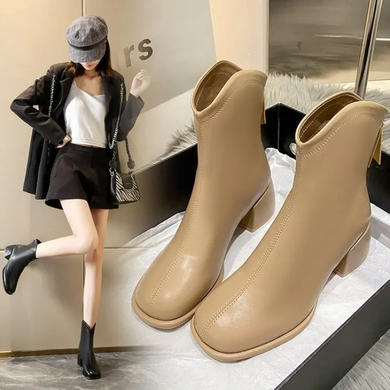 Autumn Women's Short Leather Boots High Heels Spring Woman White Shoes Pointed Thick Heel Women Dress Short Ankle Boot Plus Size