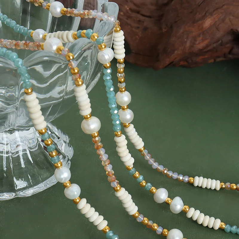 Freshwater Pearl Mixed Glass Stone Handmade Beaded Necklace For