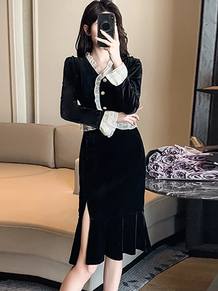 

2024 New Black Velvet Chic Ruffled Mermaid Dress Women Elegant Luxury Midi Dresses Autumn Winter Korean Vintage Hepburn Vestidos