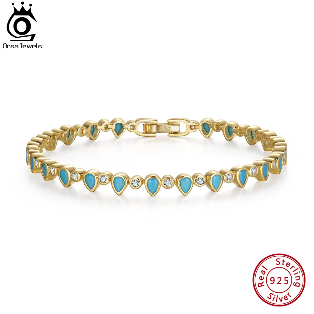 

ORSA JEWELS Real 925 Sterling Silver Pear Cut Turquoise Bezel Setting Tennis Bracelet for Women 4A Zircon Bracelet Jewelry SB181