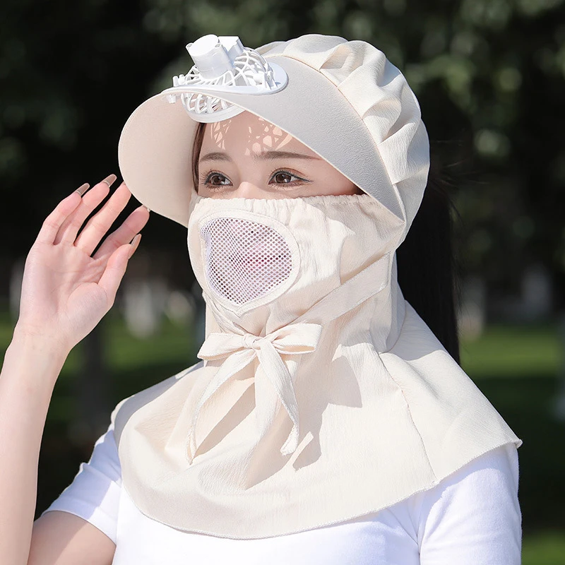 

Summer Windproof Sun Hat with Rechargeable Fan Sun Visors Face-covering Anti Ultraviolet Beach Hats Wide Brim Neck Scarf Caps