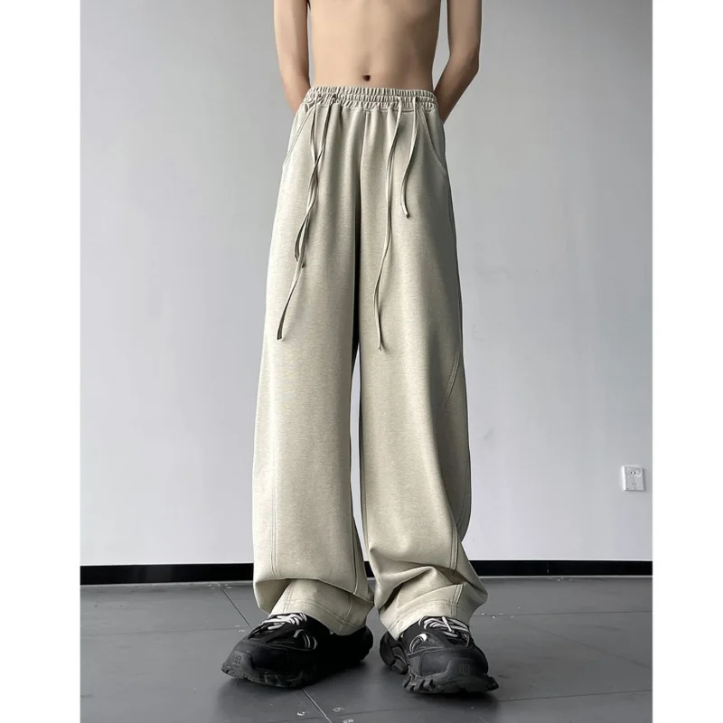 American High Street Straight Pants Trendy Fashion Autumn New Men's Solid Pocket Elastic Waist Drawstring Loose Sports Trousers