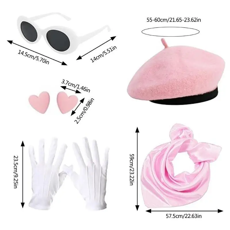 39BD Women 1980s Cosplau Outfit Accessories Hat Glasses Heart Earring Scarf Gloves for Halloween Cosplay Theme Party - 6