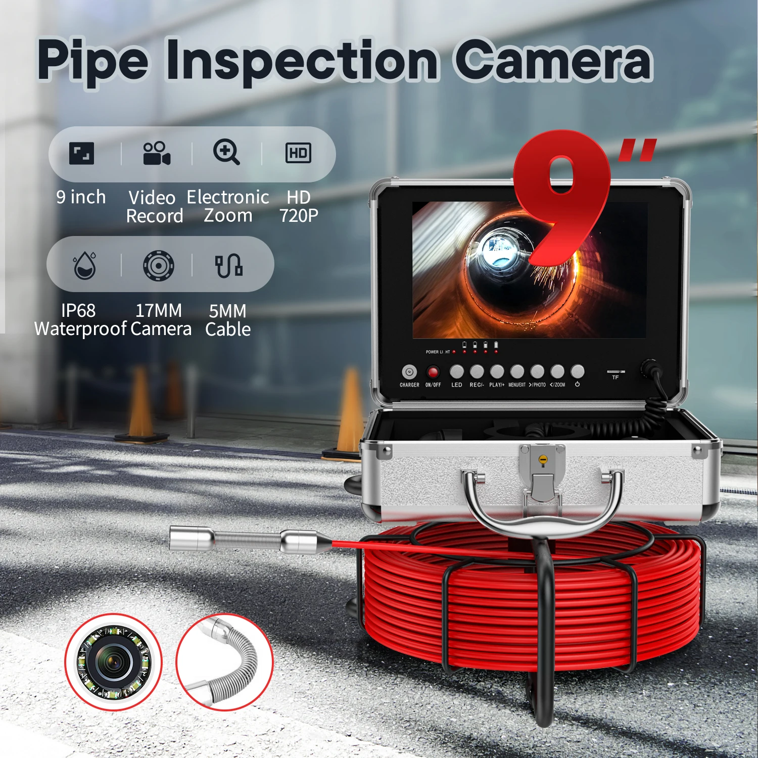 Caméra d'inspection d'égout avec localisateur de tuyau 512HZ, DVR  automatique, lentille de tube d'écran 9 , IP68 - AliExpress