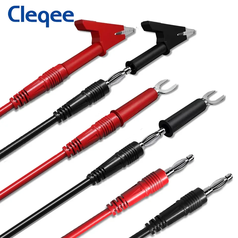 Cleqee P1041B 듀얼 4mm 바나나 플러그 테스트 리드 키트 악어 클립 키트 악어 클램프-6mm U 형 스페이드 플러그 100cm 케이블 1000V