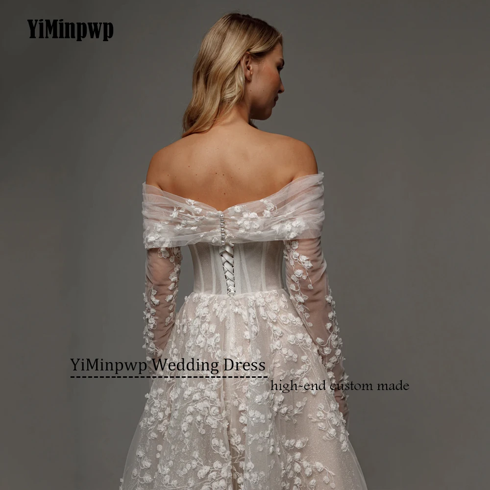 2026 Champagne Wedding Dresses Off Shoulder Long Sleeves A Line Lace Sequined Beads Flowers Bridal Party Gowns Customized
