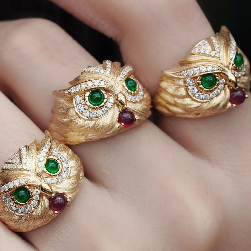 CxsJeremyVintage18KYellowGoldOwlRingEmeraldEyesSimpleAnimal