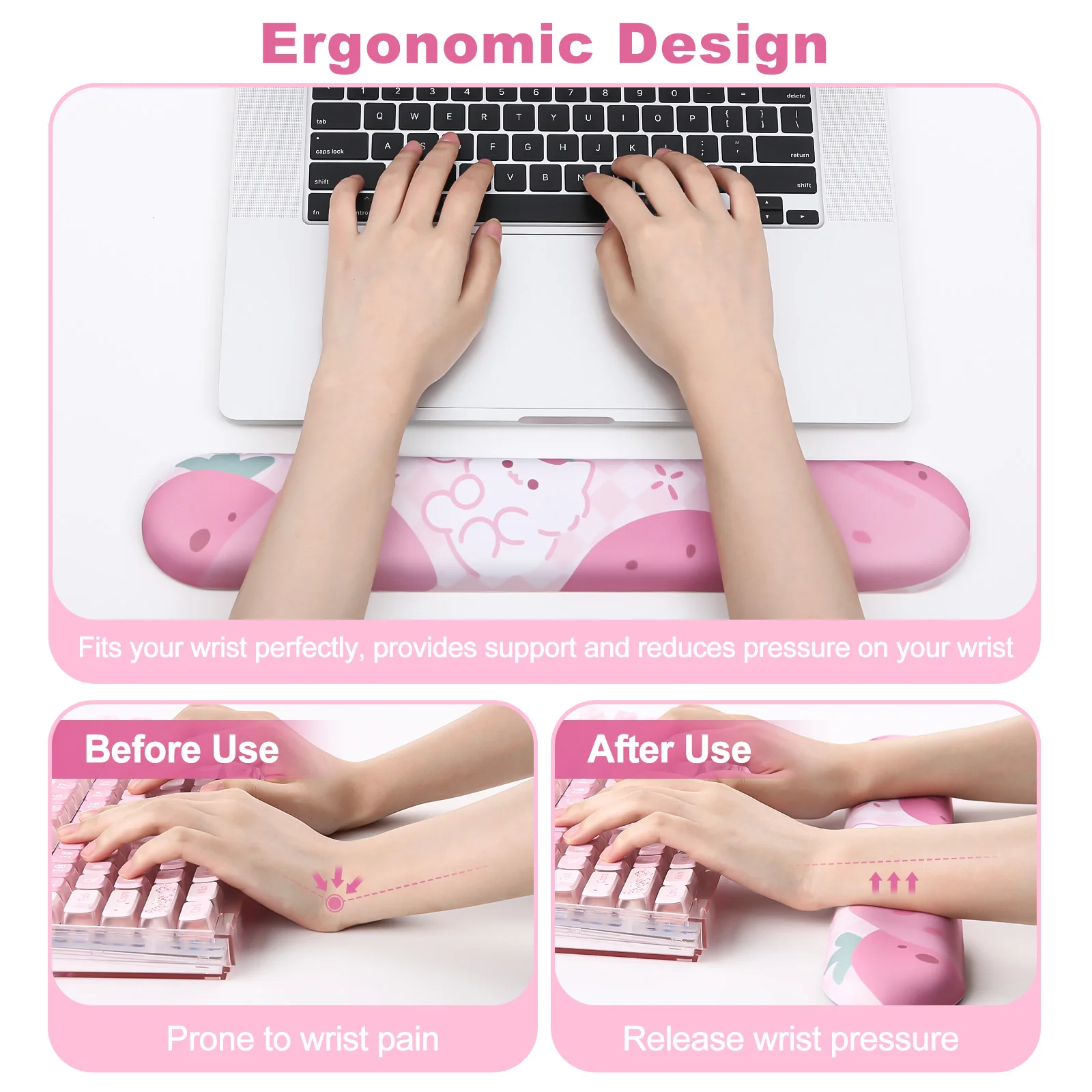 Yunzii-teclado Ergonômico Bonito Descanso de Pulso Base pu Antiderrapante Miau Rosa Apto para Escritório Jogos Computador tipo Alívio da Dor - Imagem 2