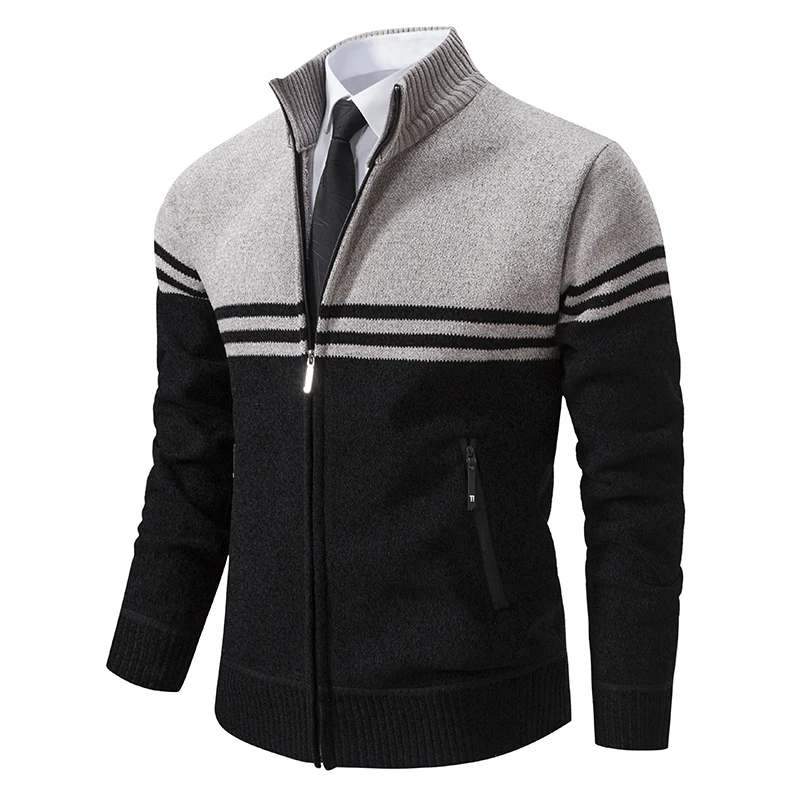 Men's Winter Fleece Cardigan Sweater Coats Knitted Sweater Coat Knitted Cardigan Thick Warm Casual Stand Collar Zipper Fashion Striped Coat