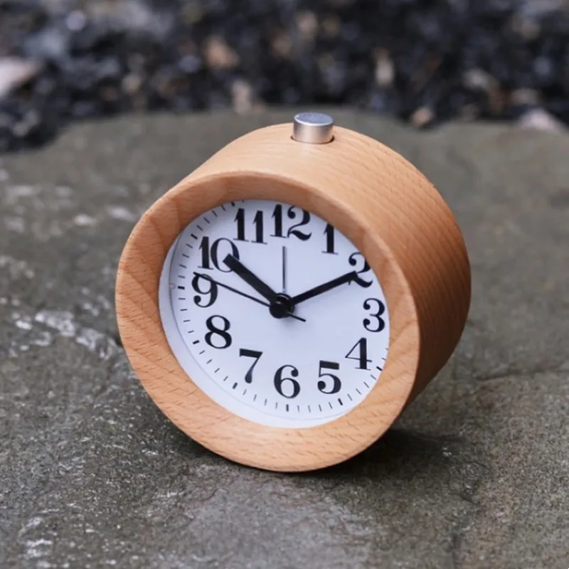 Wooden Clock Handmade Classic Small Round Wood Silent Light Desk Alarm Clock With Desk Lamp for Home dropshipping 4