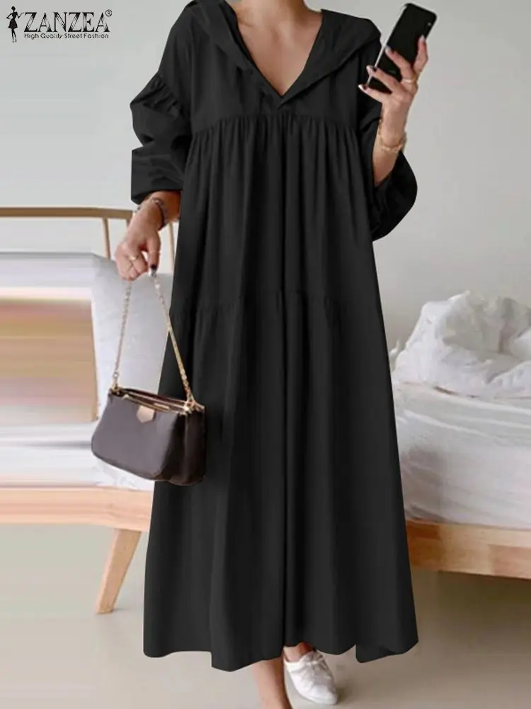 

ZANZEA Autumn Solid Color Robes Women Hooded Long Dress Oversized Lantern 3/4 Sleeve Vestdios Casual Loose Pleated Maxi Dresses