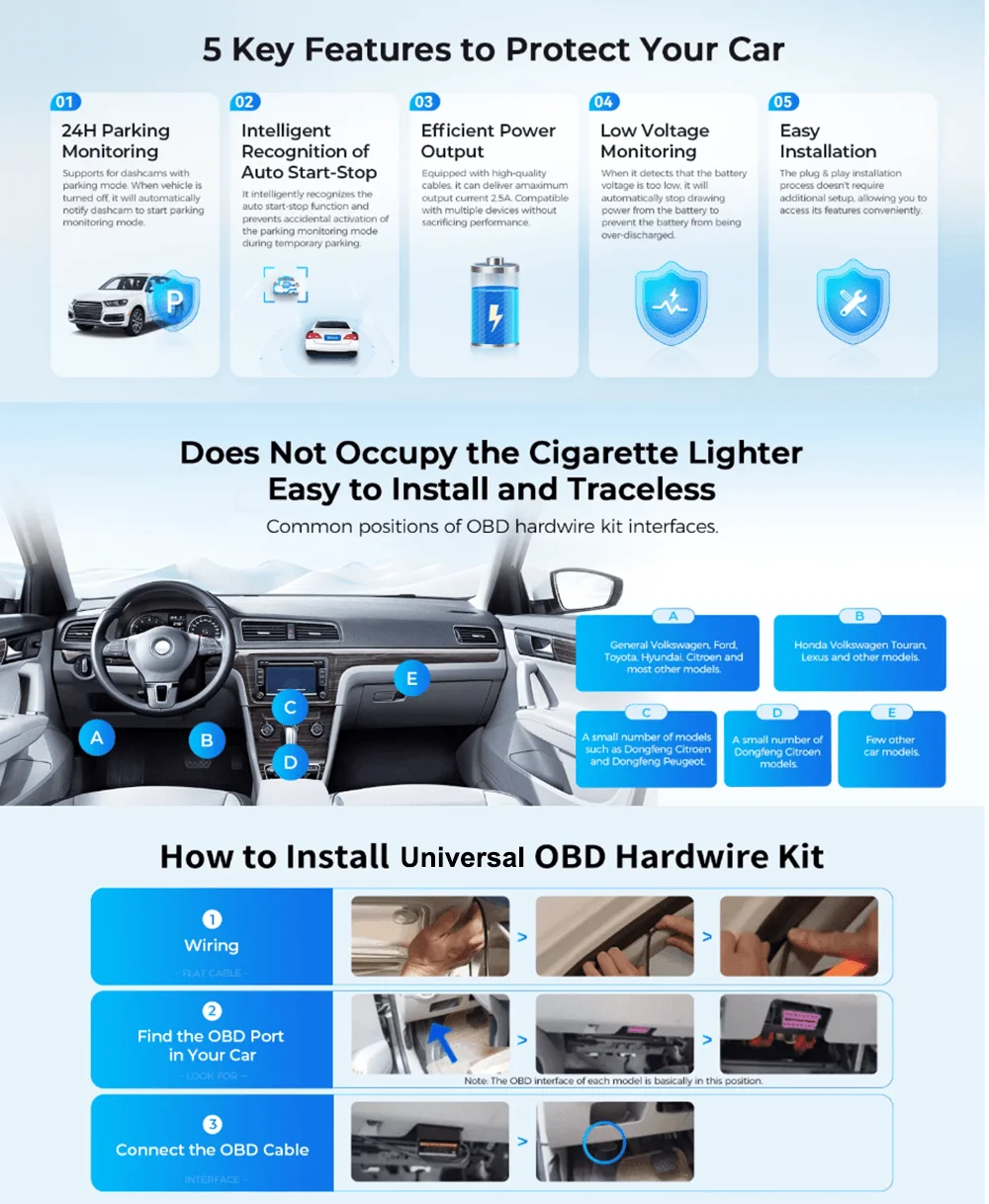OBD-Hardwire-Kit Typ C-Anschluss/Micro-USB-Anschluss/Mini-USB für kompatibel mit 98 % des Auto-Dash-Cam-Kabel-Ladegeräts, 24-Stunden-Parkmonitors – Detail 3