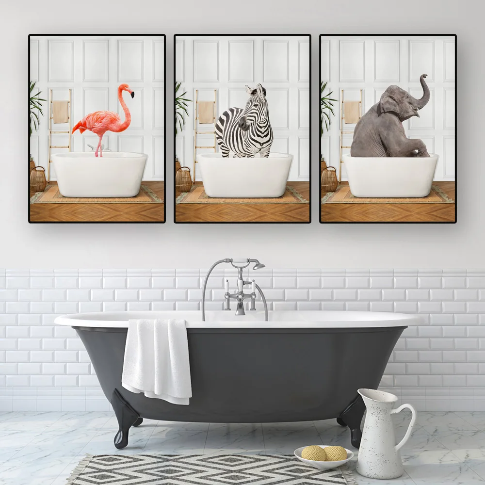 

Animal In Bath Bathtub Canvas Poster Fun Bathroom Animal Wall Art Painting On Canvas Quirky Bathroom Art Eclectic Bathroom Decor
