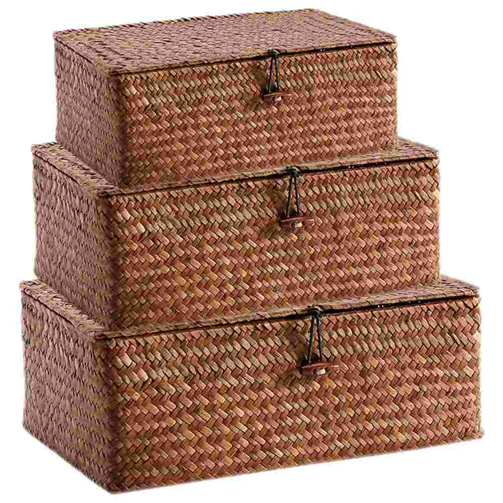 

Woven Basket Lid Seagrass Storage Baskets Rectangular Rattan Box Stackable Storage Boxes Makeup Organizer Container