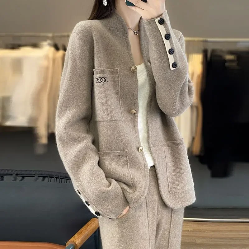 2024 Aautumn And Winter New Blend Wool Sweater Women's Cardigan Stand Collar Thick Versatile Solid Color Knitted Jacket Camel