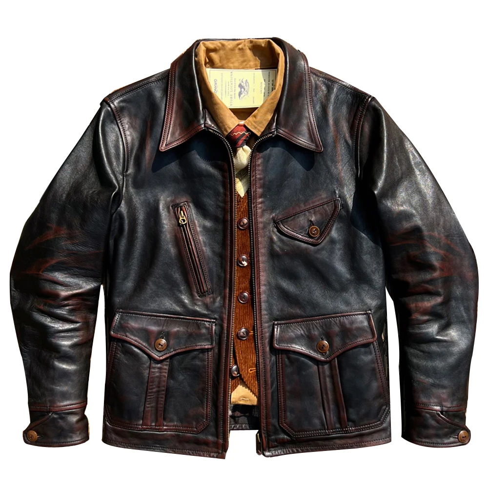 Hand Made Horsehide Jacket Winter Newsboy Man Coat Derma Vintage Motorcycle Genuine Leather Overcoat US Street Clothing Brand vintage custom made burgundy men suits wedding suits groom tuxedo fit prom wear man blazer 3piece jacket pants vest high street