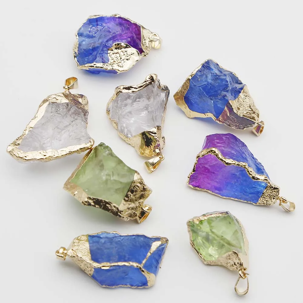 Natural Crystal Stone Multicolor Irregular Pendants Plating Phnom Penh Necklace Reiki Charms DIY Jewelry Making Accessories 6Pcs