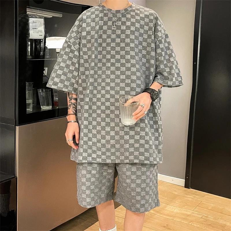 

Костюм мужской в клетку, рубашка с рукавом до локтя и шорты, роскошная одежда в Корейском стиле, большие размеры, весна-лето