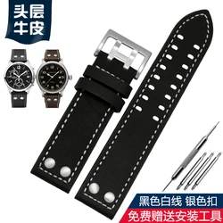 Premium Cowhide Leather Watch Strap for Men - 20mm/22mm - Aviation Collection (A - Black white - silver)