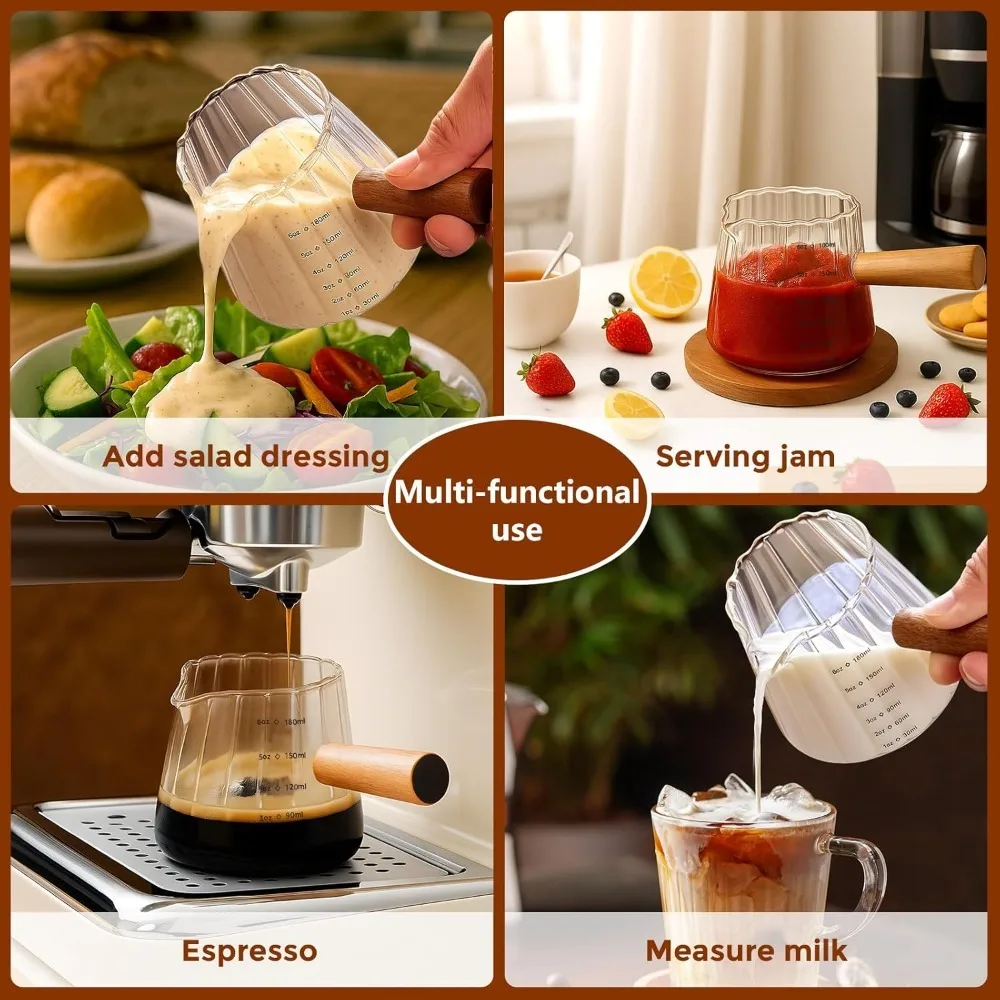 180ML/6 Oz Measuring Cup with Wooden Handle Glass Coffee Extraction Cup with Scale Dishwasher Safe High Temperature Resistant