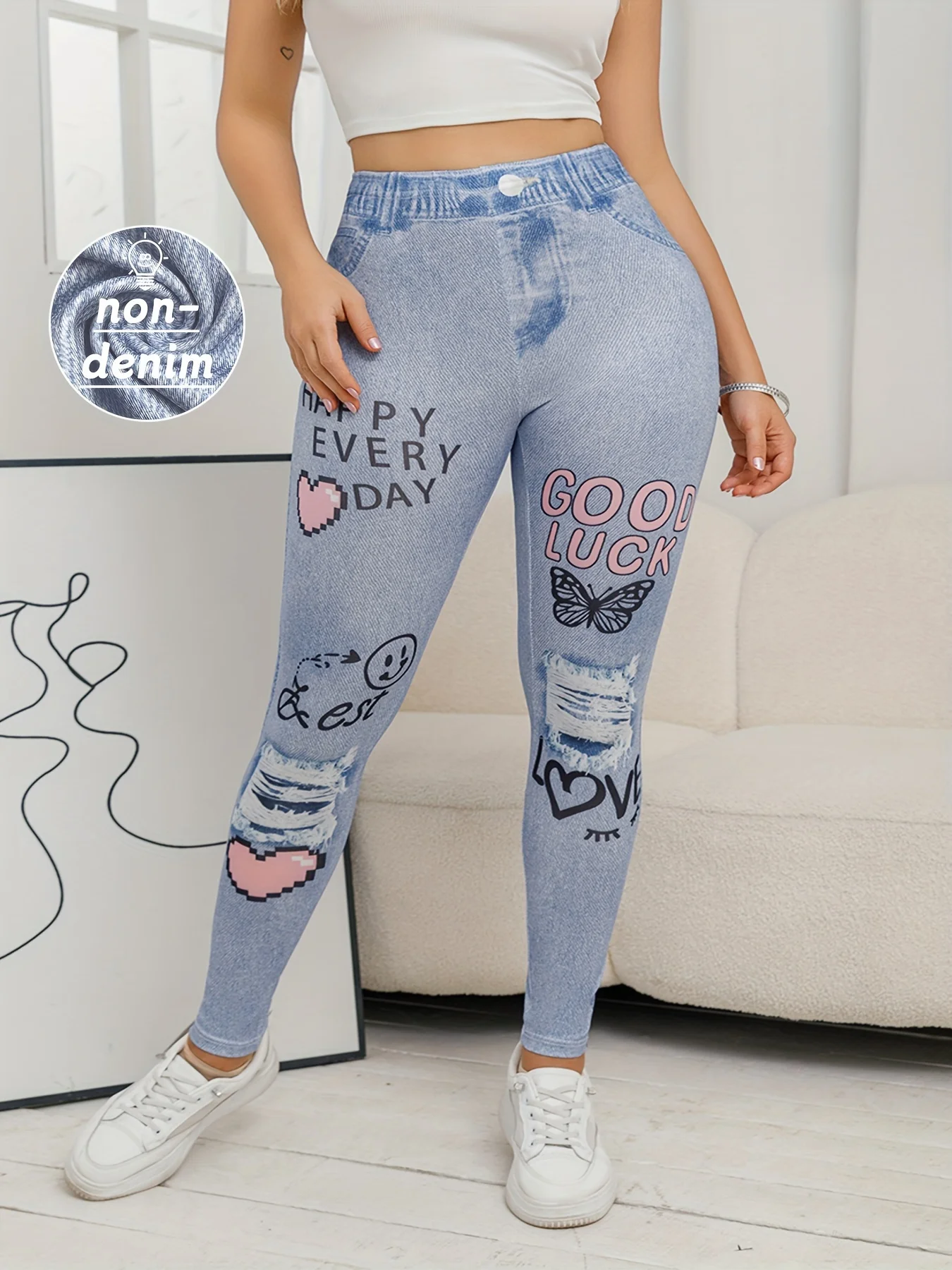 【Denim-inspired】Women's Fitted Leggings with Letter Print Pattern High Elasticity Fashionable Comfortable Stretch Knit Pants 1