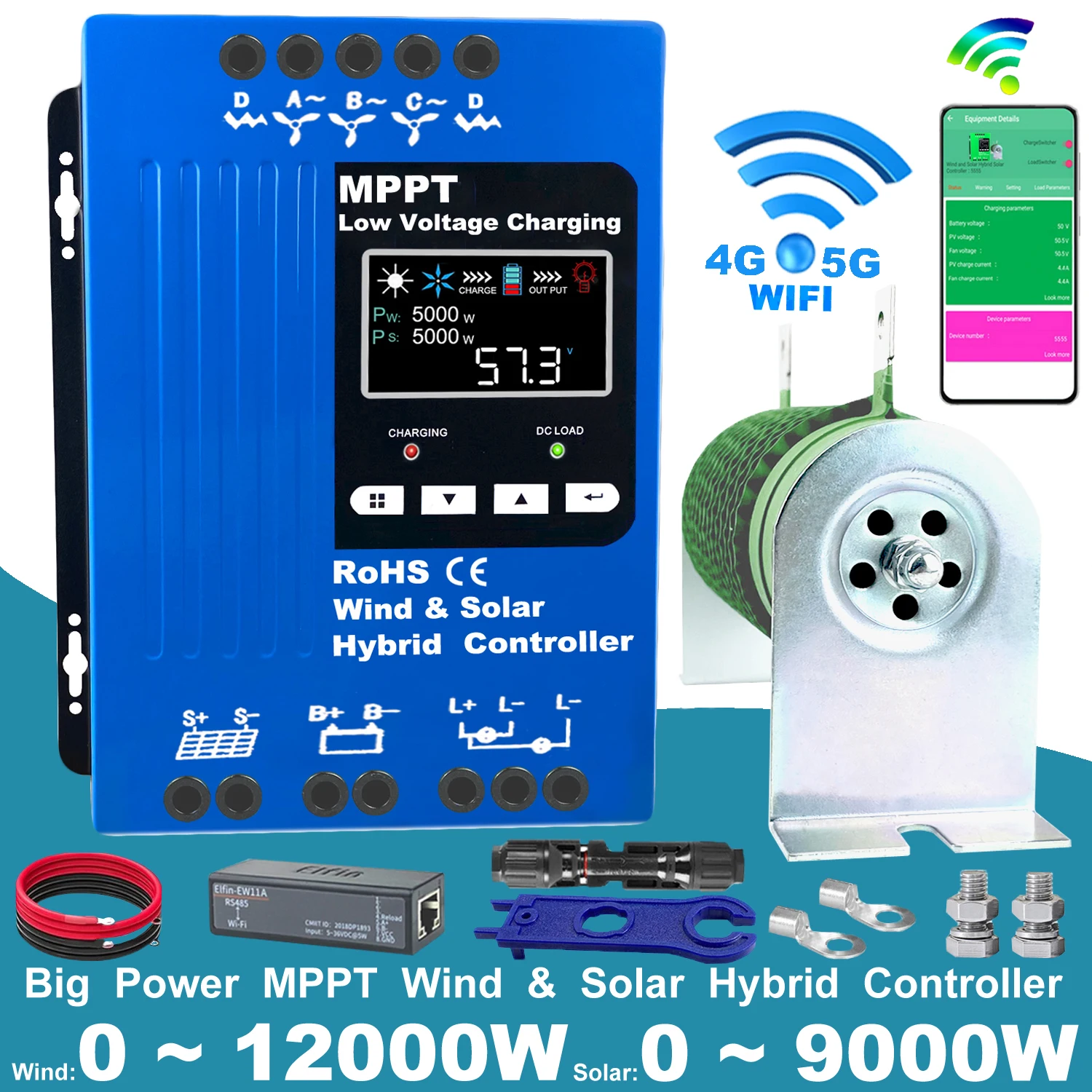 5000W MPPT Wind Solar Hybrid Charge Controller 12 24 48V 30A 60A LCD Display Wifi Monitor for Lifepo4 Lithium Lead Acid Battery