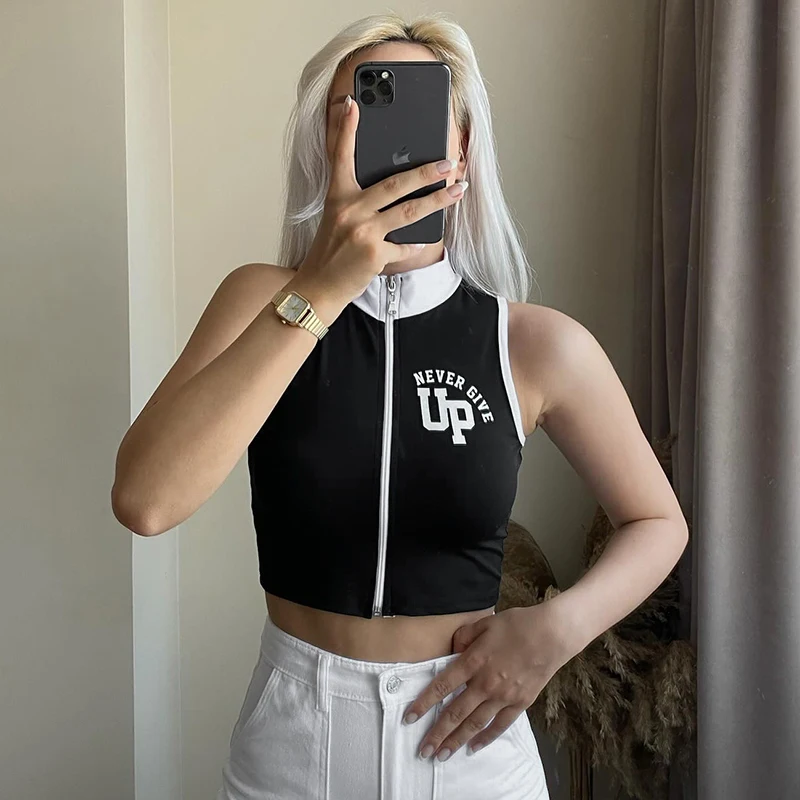 

Tops woman 2024 summer new in Motorcycle zipper Tank top fashion clothing Crop Sleeveless T-shirt black streetwear cropped Vest